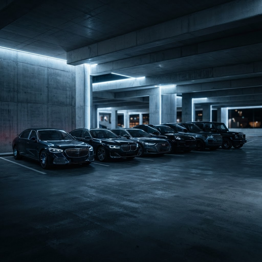 Frota executiva de veículos premium em estrutura moderna com iluminação azul